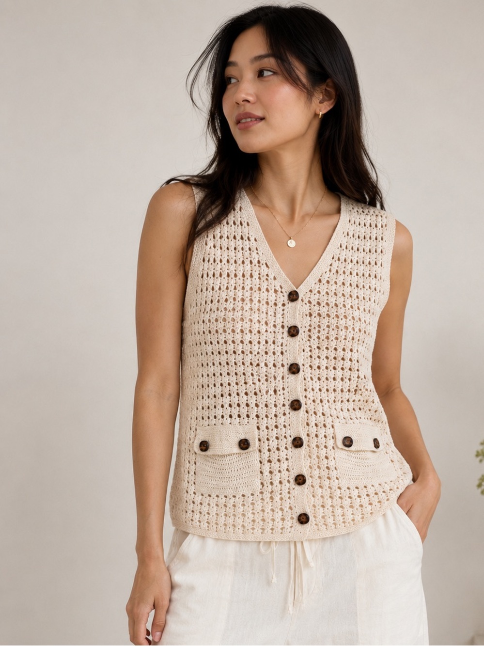 Vintage Marisa Christina Hand Knit Linen Crochet Vest S Ivory